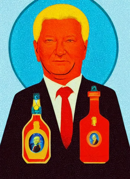 Image similar to president yeltsin with a bottle of vodka, icon with a halo, color art in a church style