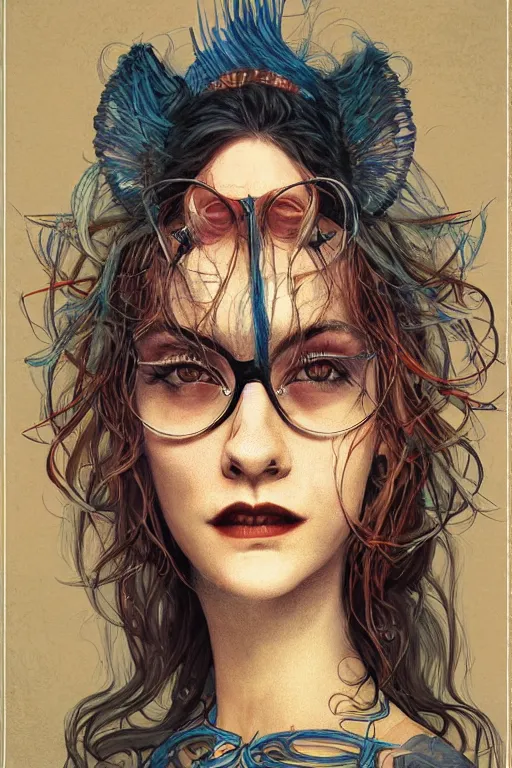 Prompt: Portrait of a Hipster Bohemian Chic , beautiful, symmetrical face, smiling, in focus, in the style of Gerald Brom, Stefan Đurađ, Jim Lee high quality printing, fine art with subtle redshift rendering