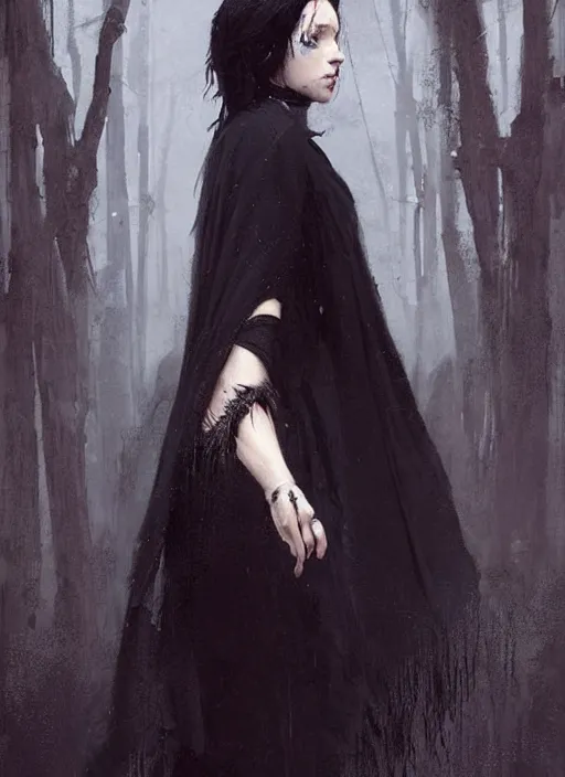 Image similar to a young woman with very short black hair and a huge cloak made of black raven feathers, beautiful painting by greg rutkowski