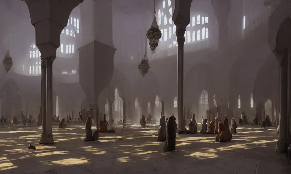 Prompt: Futuristic matte painting of inside a Mosque, volumetric light scattering, highly detailed, digital art, Andreas Rocha, Greg Rutkowski, Darek Zabrocki, ArtStation, CGSociety, Unreal Engine, 4K, 8K