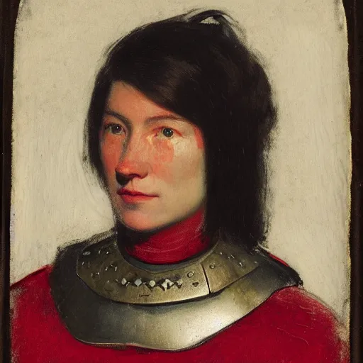 Prompt: head and shoulders portrait of a female knight, inuk, tonalist, symbolist, realistic, ambrotype, baroque, lorica segmentata, detailed, modeled lighting, palette knife, viridian and venetian red, angular, squinting, raven