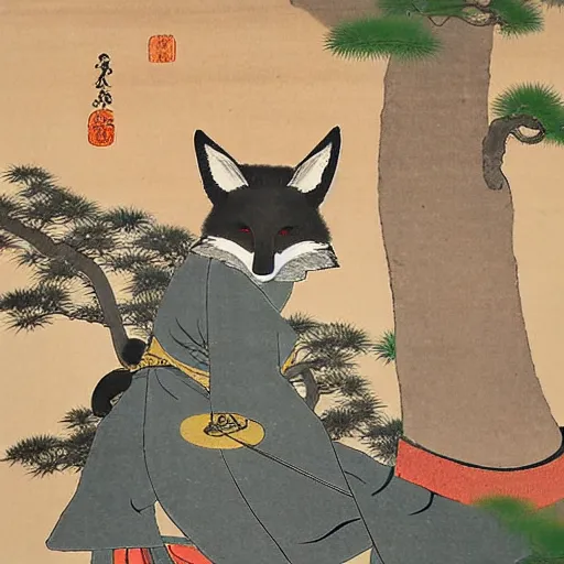 Prompt: samurai fox with a katana. sakura forest in the background. old japanese painting. fresco