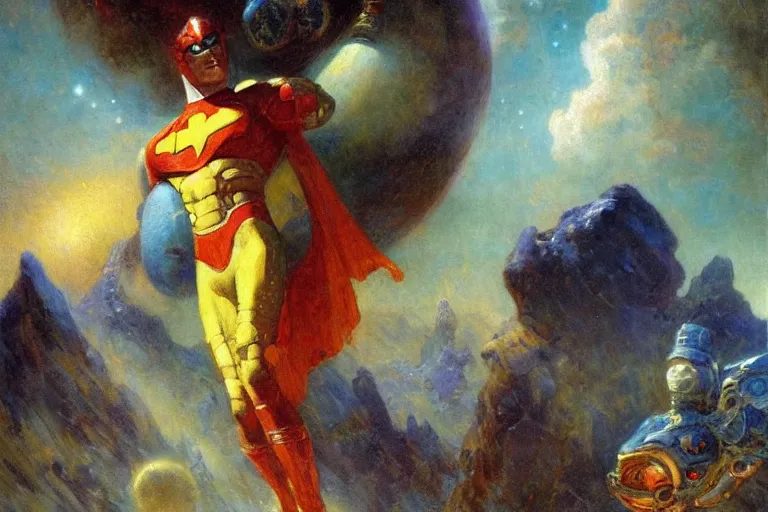 Prompt: portrait of omni - man conquering a planet. art by gaston bussiere.