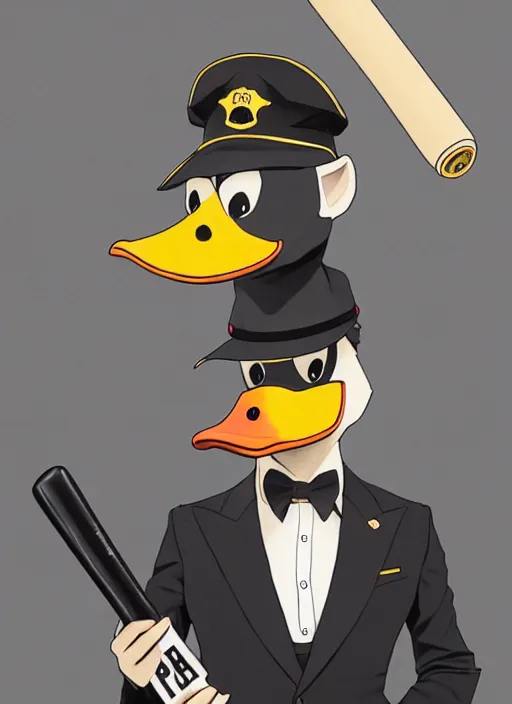 Image similar to commissioned full body portrait of a male anthro duck fursona with a duck head wearing a nice black suit and a fedora holding a baseball bat sitting on the hood of a police patrol car in a baseball stadium, by a professional manga illustrator, Stanley Artgerm Lau, WLOP, Rossdraws, James Jean, Andrei Riabovitchev, Marc Simonetti, and Sakimichan, trending on artstation