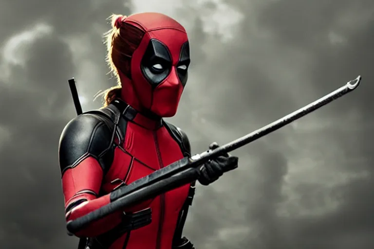 Image similar to emma watson as lady deadpool, cinematic lighting, movie still