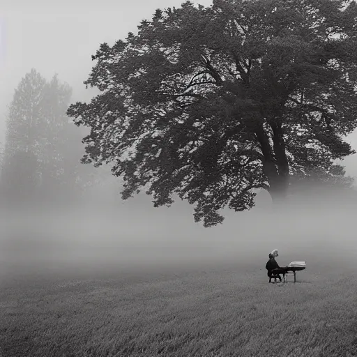 Image similar to an impressively euphoric 1 8 0 0 s romanticism - inspired photograph depicting a man playing a piano underneath a foggy tree line at dawn inspired by liberty leading the people