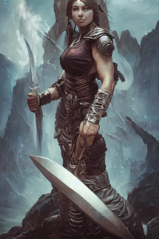 Prompt: a portrait of a strong female warrior by Ross Tran and Thomas Cole and Wayne Barlowe