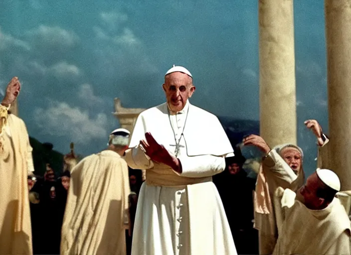 Image similar to a film still of the pope in agypsian style as the faraoh, in the 1 0 commandments ( 1 9 5 6 ), technicolor color