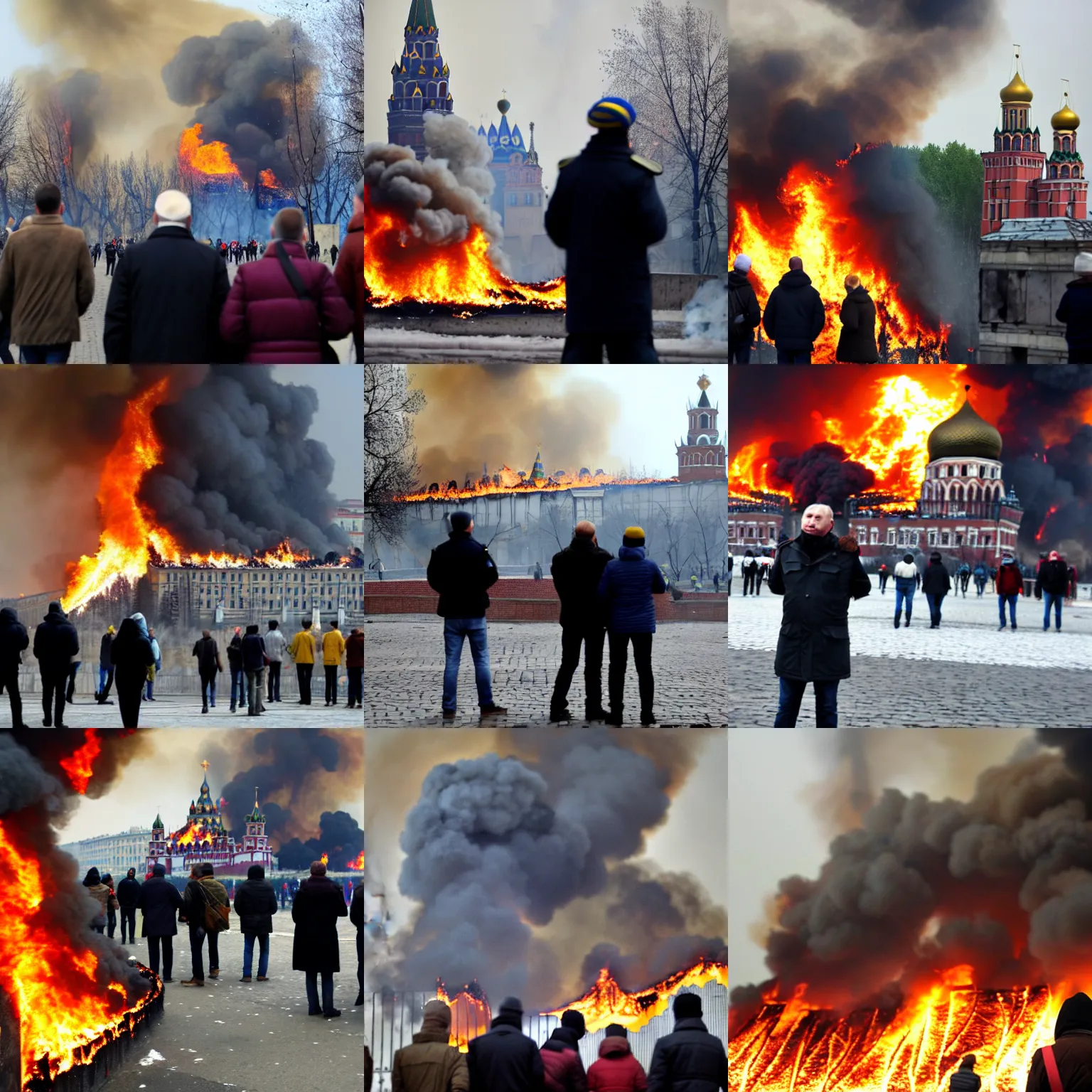 Prompt: Ukrainians looks at burning Kremlin. Many details