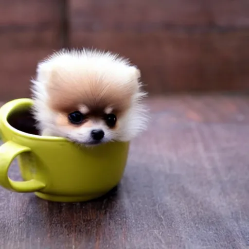 Prompt: extremely tiny pomeranian in a mug