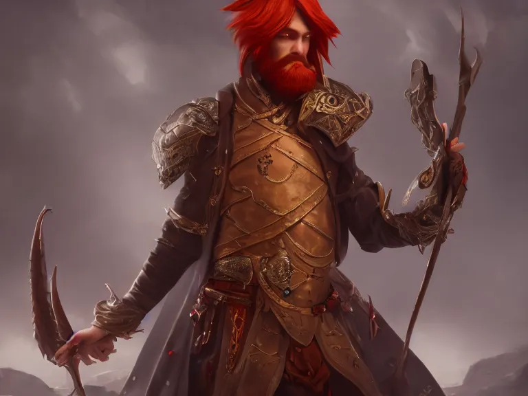 Prompt: Red Headed Slender Male Bard looking Shifty, RPG Character Reference, Oil Painting, Trending on Artstation, octane render, Insanely Detailed, 8k, HD