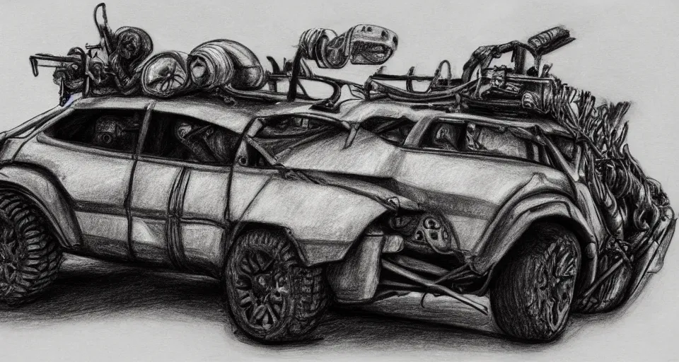 Prompt: graphite drawing of a stylized cartoony fury road car