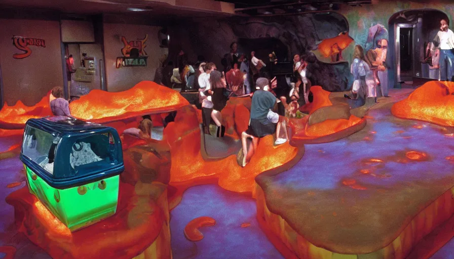 Prompt: 1990s photo of inside the Garfield's Lava Lamp ride at Universal Studios in Orlando, Florida, riding a litter box through a lasagna world, cinematic, UHD