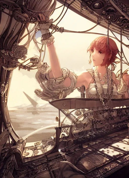 Image similar to character portrait of the white herald on the deck of an imperial airship in the sky, hidari, color page, tankoban, 4K, tone mapping, Akihiko Yoshida.