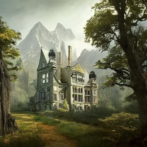 Image similar to a gothic mansion in the woods with mountains in the back, a trail leads to the doors. amy weber, andi rusu, Dan Frazier, matte painting