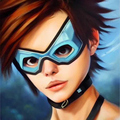 Prompt: oil painting of tracer overwatch in a field, in style of mark arian, expressive face, very detailed face, wearing leather choker, very detailed eyes, full body, feminine face, detailed makeup on eyes,