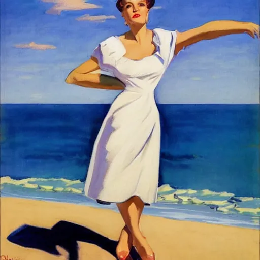 Prompt: woman in black dress on the beach, blue sky, leyendecker style