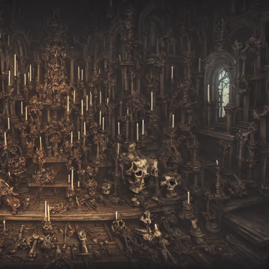 Image similar to full color, low ultrawide interior shot of sedlec ossuary, bones, anime style mixed with fujifilm, dark, foggy, atmospheric, artstation, cgsociety, octane render, cgi, denoise, detailed, cinematic masterpiece