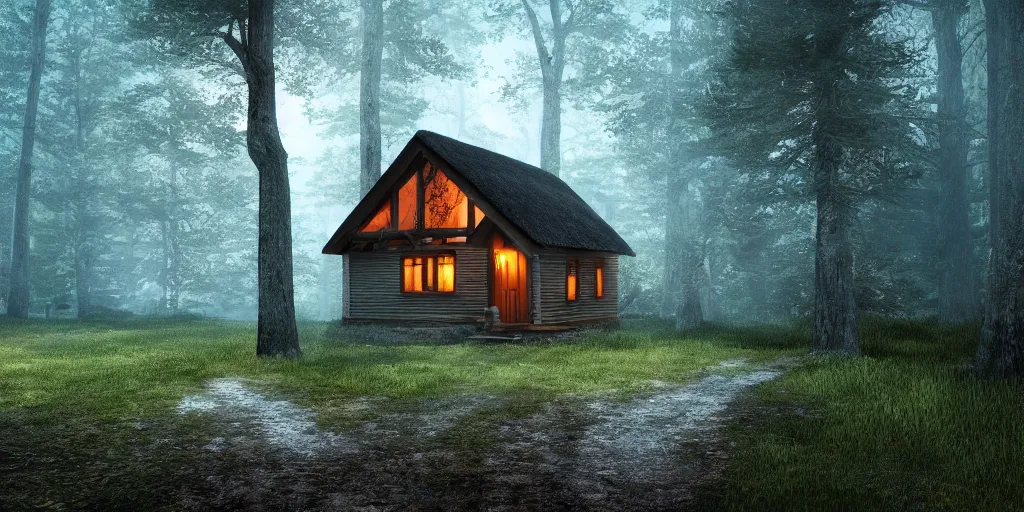 Image similar to a cottage in the woods and empty woods, fantasy, hyper realistic, dramatic lighting, 8k