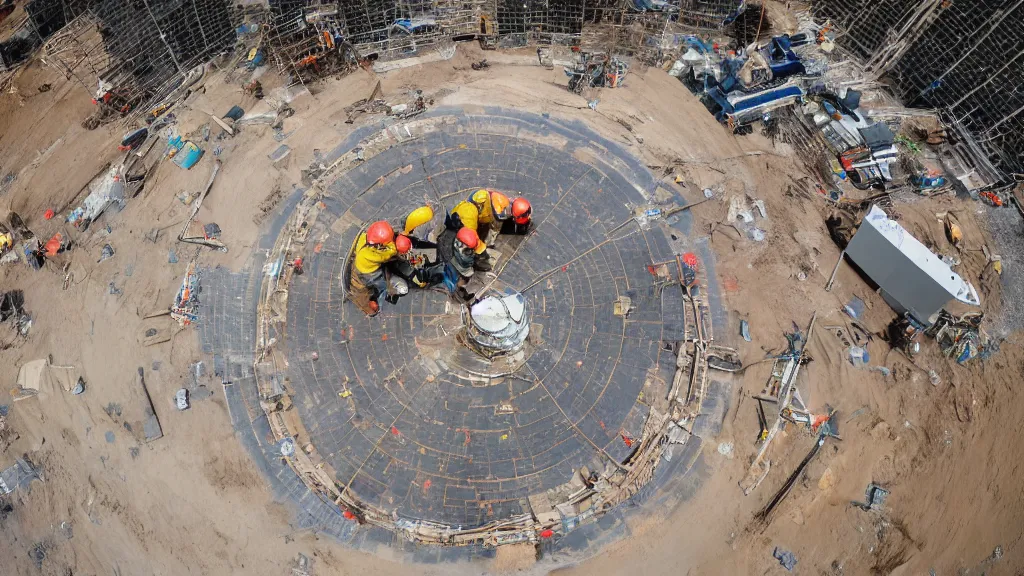 Image similar to Construction workers building the solar system. Extreme wide angle shot from space