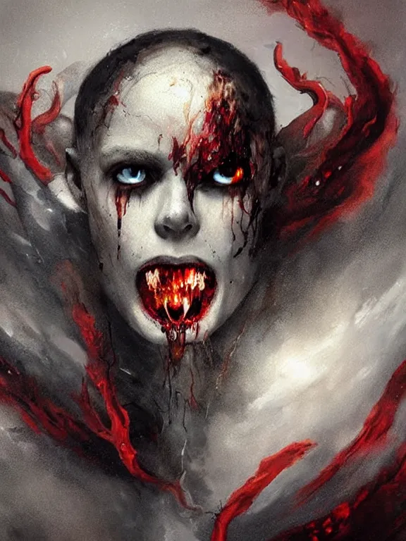 Image similar to painting by greg rutkowski of a flying sorrowful looking human head with tears running down it's eyes, face that is chalk white in color, with long sprawling white tentacles stemming down it's neck, fiery scorching red eyes, flying in a terrying hellish dark cavernous place