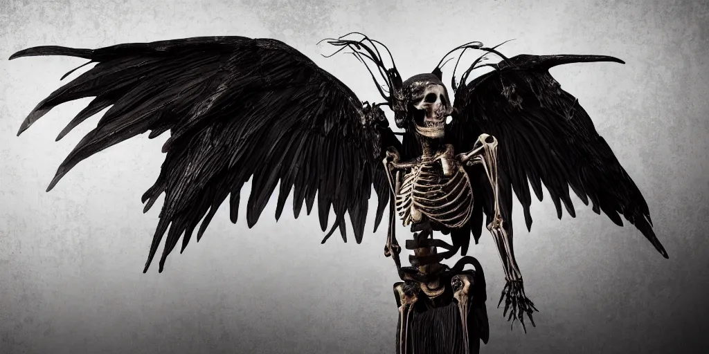 Image similar to mysterious fantasy winged creature skeleton, studio photography, 4 k, dark black background, harsh lighting