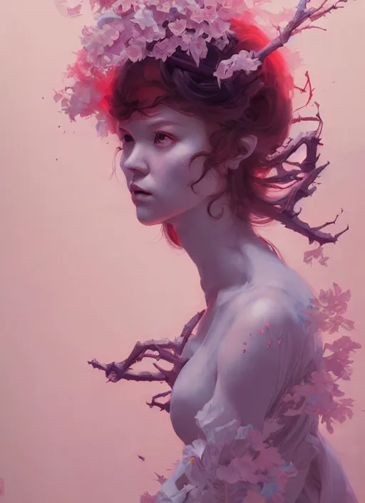 Image similar to character design by james jean, ruan jia, ilya kuvshinov, martine johanna, jakub rebelka ( ( ( portrait of goddess gaea in seductive luxurious flowy flowery dress ) ) ) emerging from lighting and powerful thunder, sharp edges. ultra detailed, majestic, intricate,