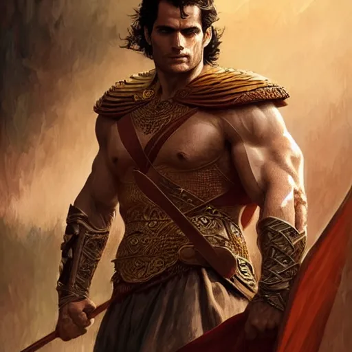 Prompt: Henry Cavill as a warrior, D&D, flowing, muscular, fantasy, intricate, thighs, elegant, highly detailed, digital painting, artstation, concept art, smooth, sharp focus, illustration, art by artgerm and greg rutkowski and alphonse mucha