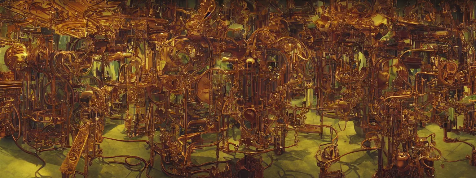 Image similar to a super high resolution film still of machine apparatus for making snake oil, huge copper machine with purple and green intricate pipework, art by andrey remnev, and bruce pennington, directed by denis villeneuve, cinematography by robby muller, kodachrome 8 k, snake machine, cinematic lighting