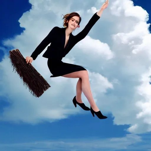 Image similar to Emma Watson sitting on a broomstick flying in the clouds next to an airliner, full body shot