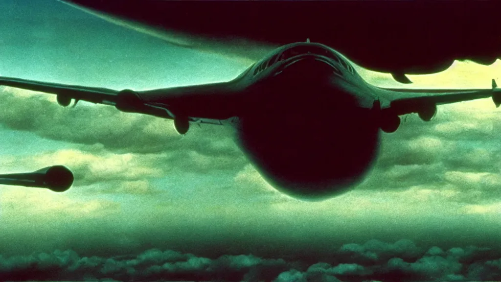 Image similar to the jets plane flies through an alternate dimension, film still from the movie directed by christopher nolan and david cronenberg with art direction by zdzisław beksinski and dr. seuss