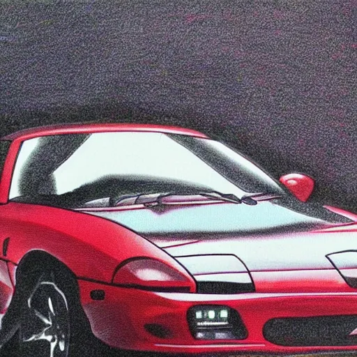 Prompt: pen ink drawing black red 1999 FD RX-7 Shuichi Shigeno and Michiharu Kusunoki