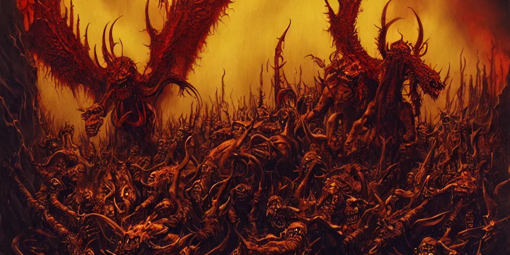 Image similar to the apocalypse, hellfire, demons, highly detailed, les edwards