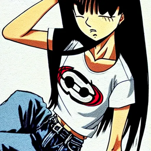 Prompt: woman, slim figure, perfect silky straight hair, smooth tan skin, dark circles under bemused eyes, hip punk fashion, tshirt!!, shorts!!, masterfully illustrated by akira toriyama, modern, cool, beauty