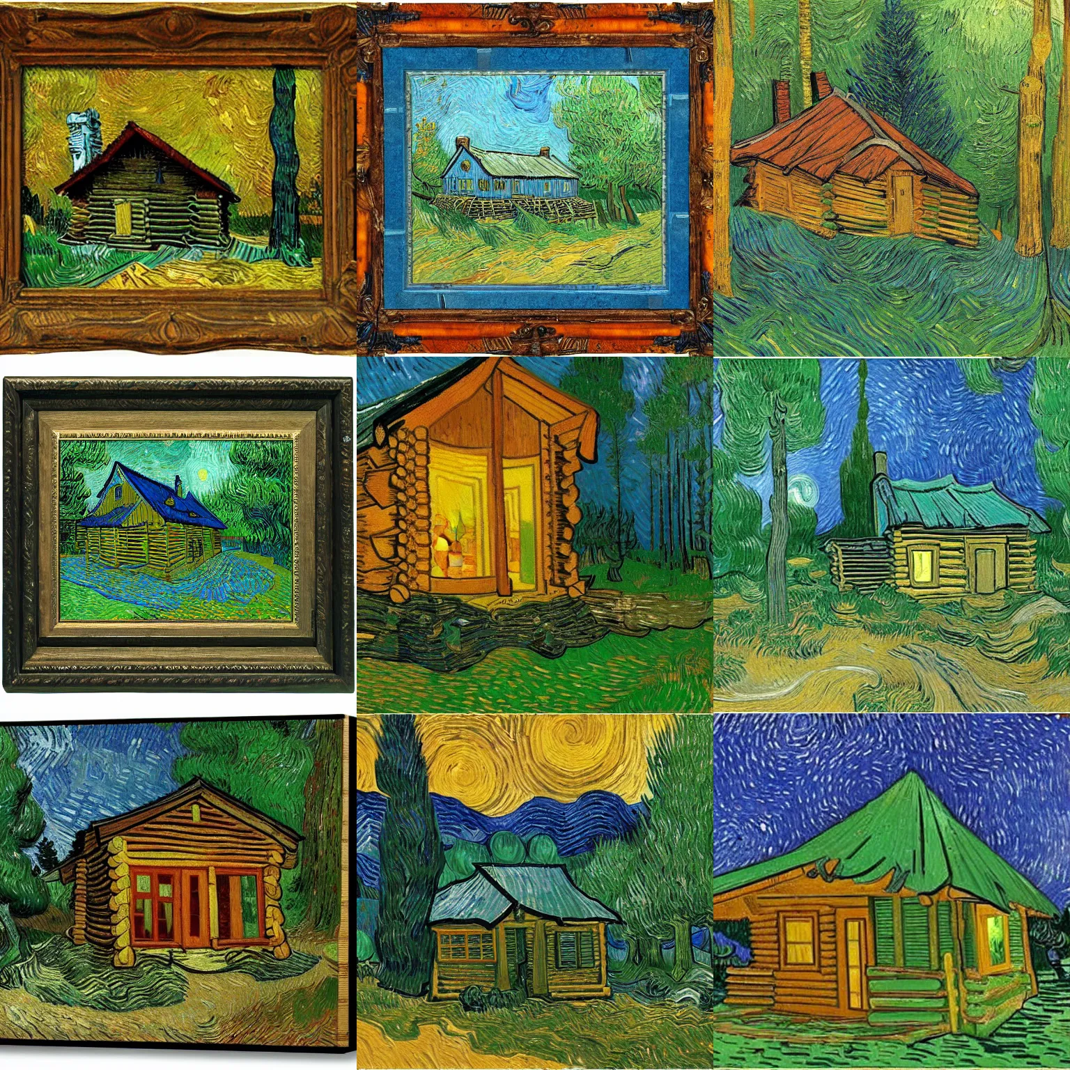 Prompt: [ a log cabin in the forest ] [ van gogh ] [ highly detailed ]