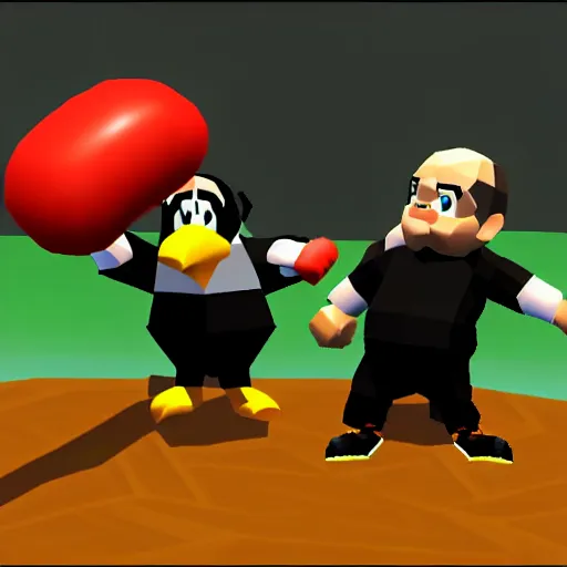 Image similar to danny devito punching penguins, nintendo 6 4 screenshot, low poly, aliased