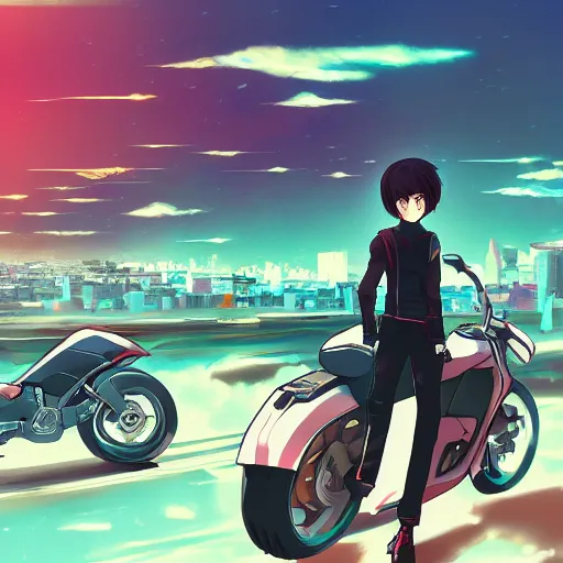 Image similar to anime style akira key character and motorcycle city landscape, 4k, anime key visual, lois van baarle, ilya kuvshinov, rossdraws, artstation