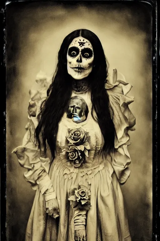 Prompt: tintype, saint teresa in dia de muertos dress and make up, horrific beautiful vibe, evocative, atmospheric lighting, painted, intricate, highly detailed, leesha hannigan, wayne haag, reyna rochin, ignacio fernandez rios, mark ryden, iris van herpen, stunning, gorgeous, sharp focus, cinematic, masterpiece