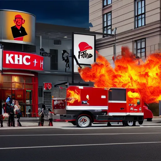 Prompt: ronald macdonald fire bombing a kfc restaurant, hyper real, 8 k, octane render, vivid, bright, photo realistic, city street