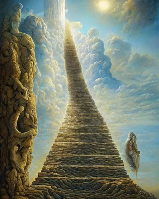 Prompt: Stairway to heaven by Tomasz Alen Kopera and salvator Dali and greg rutkowski, impressive perspective, I can't believe how detailled this is, masterpiece