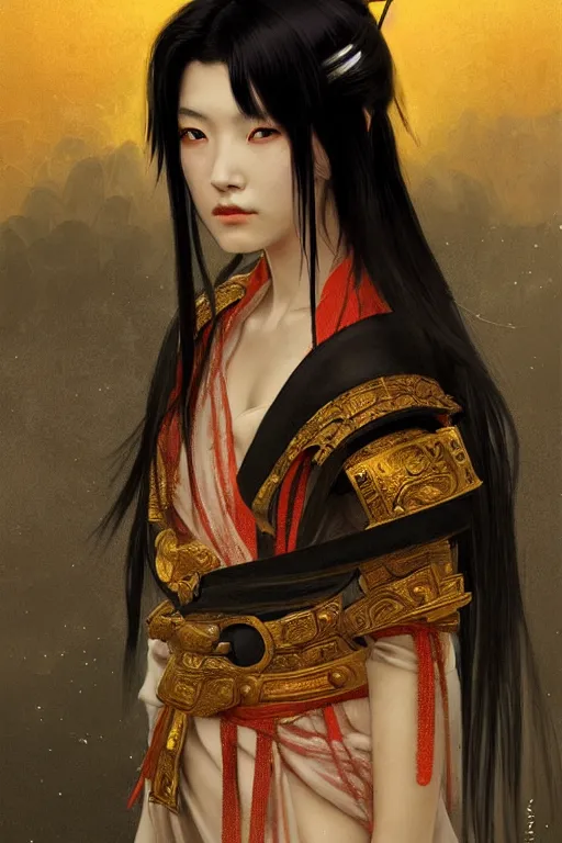 Prompt: portrait black hair samurai warrior girl, in ruin fire rainy honnoji temple night, ssci - fi and fantasy, intricate and very very beautiful and elegant, highly detailed, digital painting, artstation, concept art, smooth and sharp focus, illustration, art by tian zi and wlop and alphonse mucha