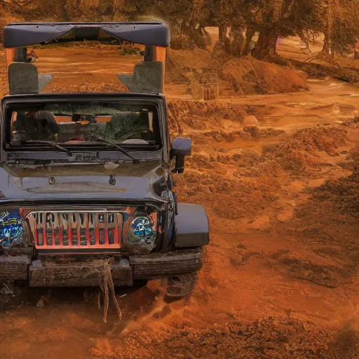 Image similar to a muddy 1997 hardtop white Jeep Wrangler drowning in quicksand, digital art, beautiful iridescent fog swallows the dirty swamp, gritty, cinematic, extraordinary colorful landscape, photorealistic, soft vintage glow