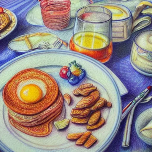 Prompt: Colored pencil art on paper, Five star morning breakfast, highly detailed, artstation, MasterPiece, Award-Winning, Caran d'Ache Luminance