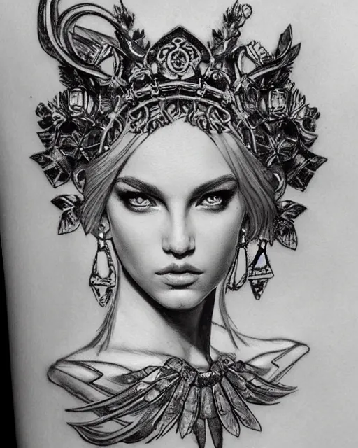 Image similar to tattoo sketch of blonde super model aphrodite greek goddess wearing a gold laurel wreath and triangle earrings, beautiful piercing gaze with sharp pupils, in the style of greg rutkowski, fantasy, amazing detail, epic, elegant, smooth, sharp focus, front view