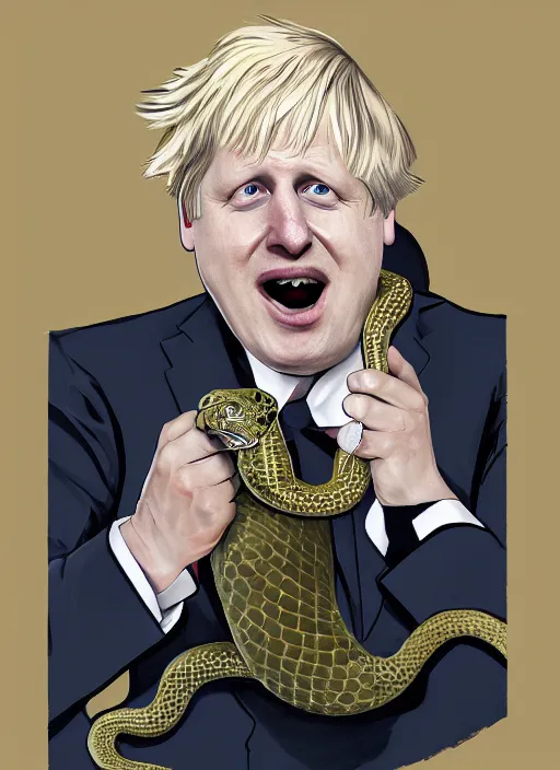 Prompt: A portrait of Boris Johnson with the body of a snake, wearing a suit, at a house party, laughing at the poor, high definition, digital art, illustration, hyperrealist