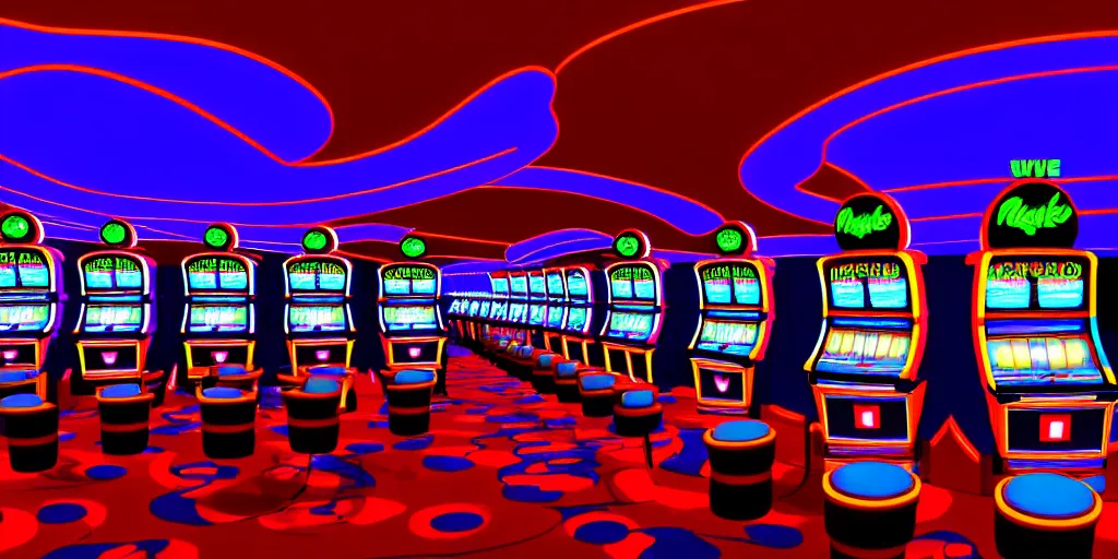 Image similar to minimalistic extreme wide angle curved perspective digital art of indoor casino with alien shaped slot machines, with roulettes in the roof, by anton fadeev from nightmare before christmas, 8 k, pixar movie