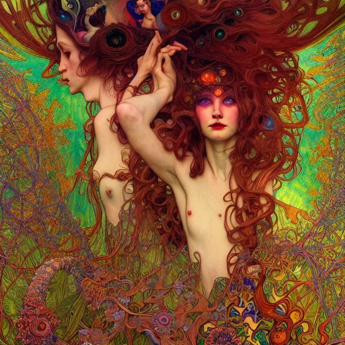 Prompt: extremely psychedelic warped LSD insanity, crazy divergent oddity, diffuse lighting, fantasy, intricate, elegant, highly detailed, lifelike, photorealistic, digital painting, artstation, illustration, concept art, smooth, sharp focus, art by John Collier and Albert Aublet and Krenz Cushart and Artem Demura and Alphonse Mucha