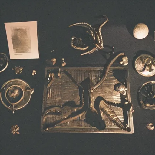 Prompt: alien artifacts laid out on a table, darkly lit, mysterious glow