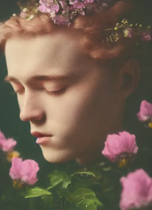 Prompt: Kodak Portra 400, 8K,ARTSTATION, Caroline Gariba, soft light, volumetric lighting, highly detailed, britt marling style 3/4 , extreme Close-up portrait photography of a Dorian Electra hiding in flowers how pre-Raphaelites with his eyes closed,inspired by Ophelia paint, his face is above water Pamukkale, raining, crying face above water in bubbles, hair are intricate with highly detailed realistic , Realistic, Refined, Highly Detailed, interstellar outdoor soft pastel lighting colors scheme, outdoor fine photography, Hyper realistic, photo realistic