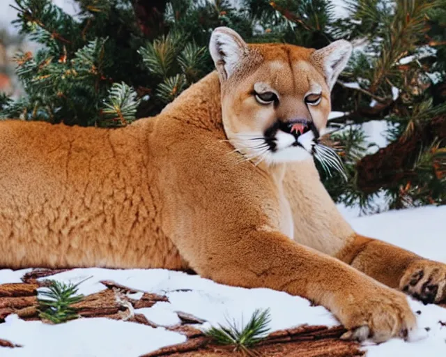 Image similar to colouring book showing 'a cougar sleeping in the middle of snowy pine tree' laying on coffee table, zoomed out shot, HD, iphone capture